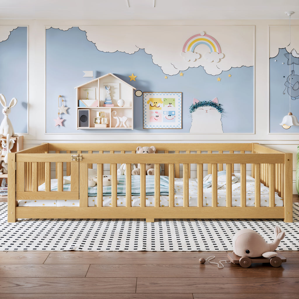 Full Size Bed Floor Bed with Safety Guardrails and Door for Kids, Natural