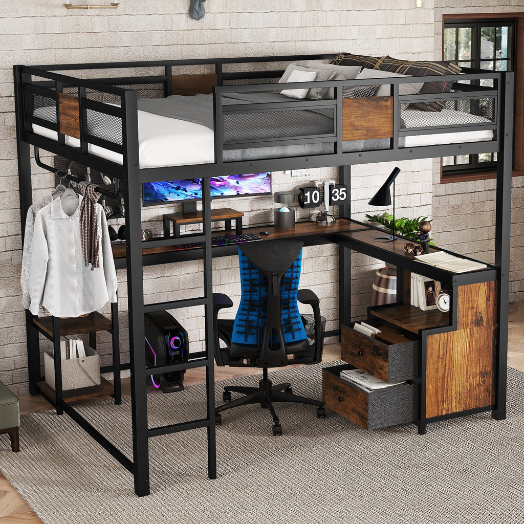 Queen Loft Bed with Desk and Storage Non woven Fabric Drawers, Metal Loft Bed Frame with Ladders, Nosie free and No Spring Box Needed, Black