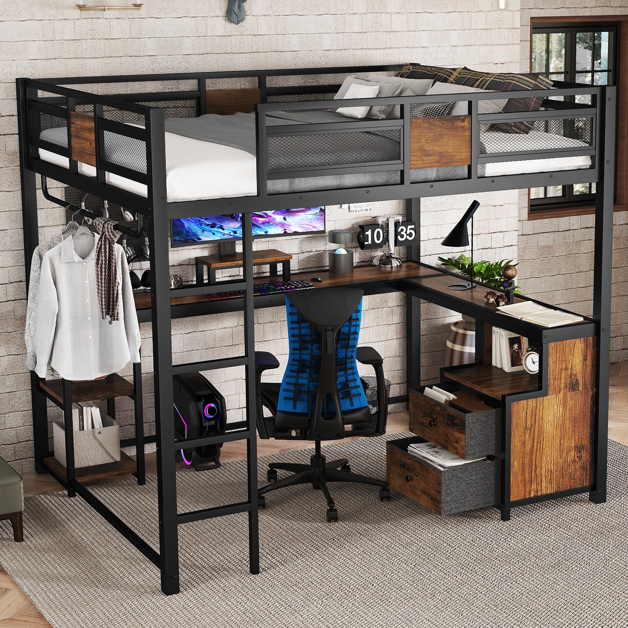 Queen Loft Bed with Desk and Storage Non woven Fabric Drawers, Metal Loft Bed Frame with Ladders, Nosie free and No Spring Box Needed, Black