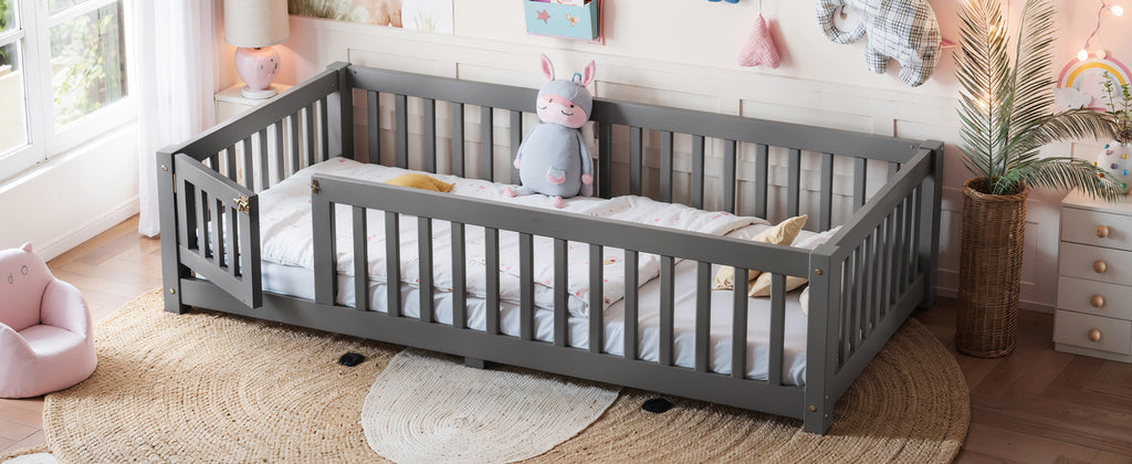 Twin Size Bed Floor Bed with Safety Guardrails and Door for Kids, Gray