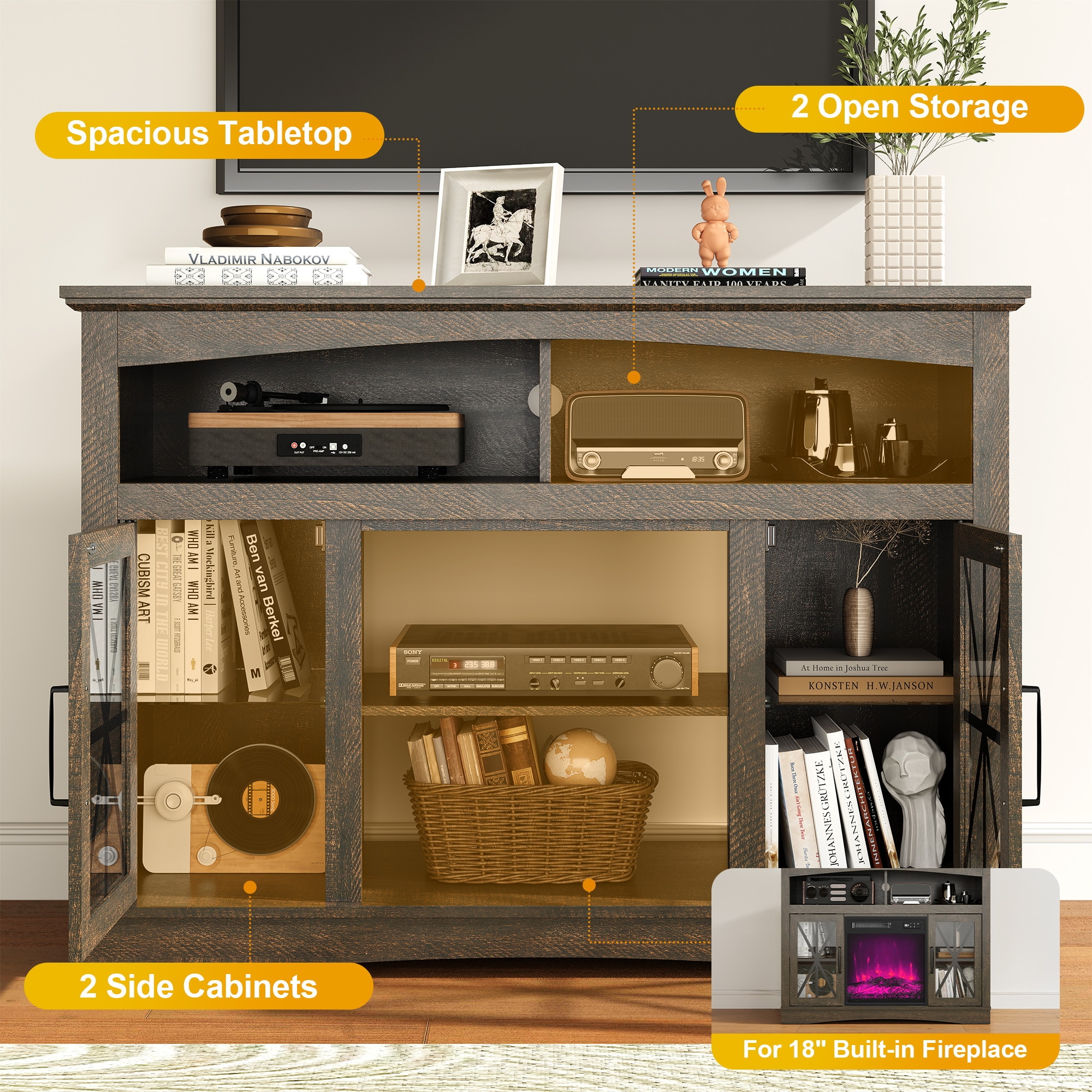 47'' Farmhouse TV Stand with Adjustable Shelves, Retro TV Console with Glass Doors & LED Lights, Media Entertainment Center Storage Cabinet for Living Room, Bedroom, Kitchen, Brown