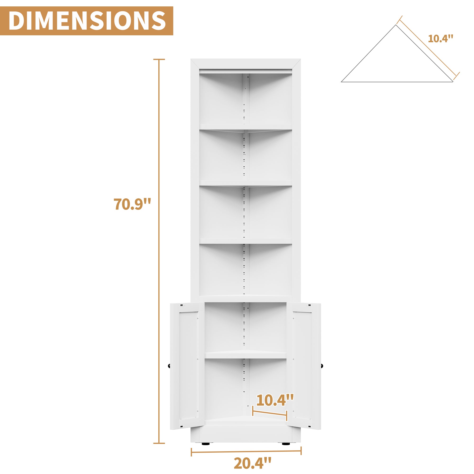 71" Tall Corner Storage Cabinet with 2 Doors, 5 Tier Metal Cabinet with Adjustable Shelves, Freestanding Kitchen Storage for Pantry, Living Room, Bathroom, Laundry Room, Space Saving Furniture, White