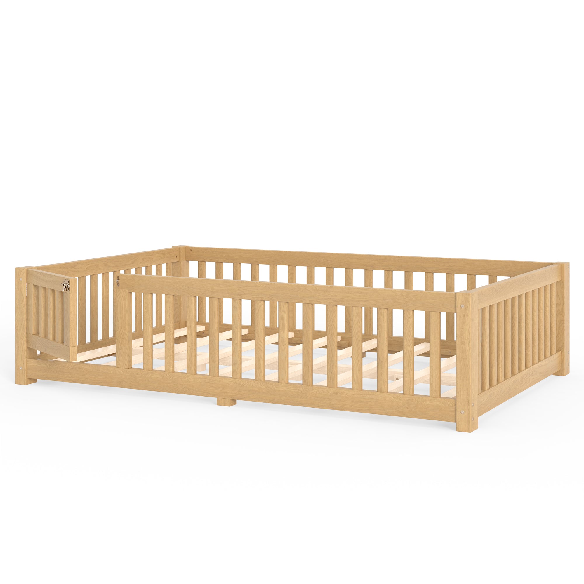 Full Size Bed Floor Bed with Safety Guardrails and Door for Kids, Natural