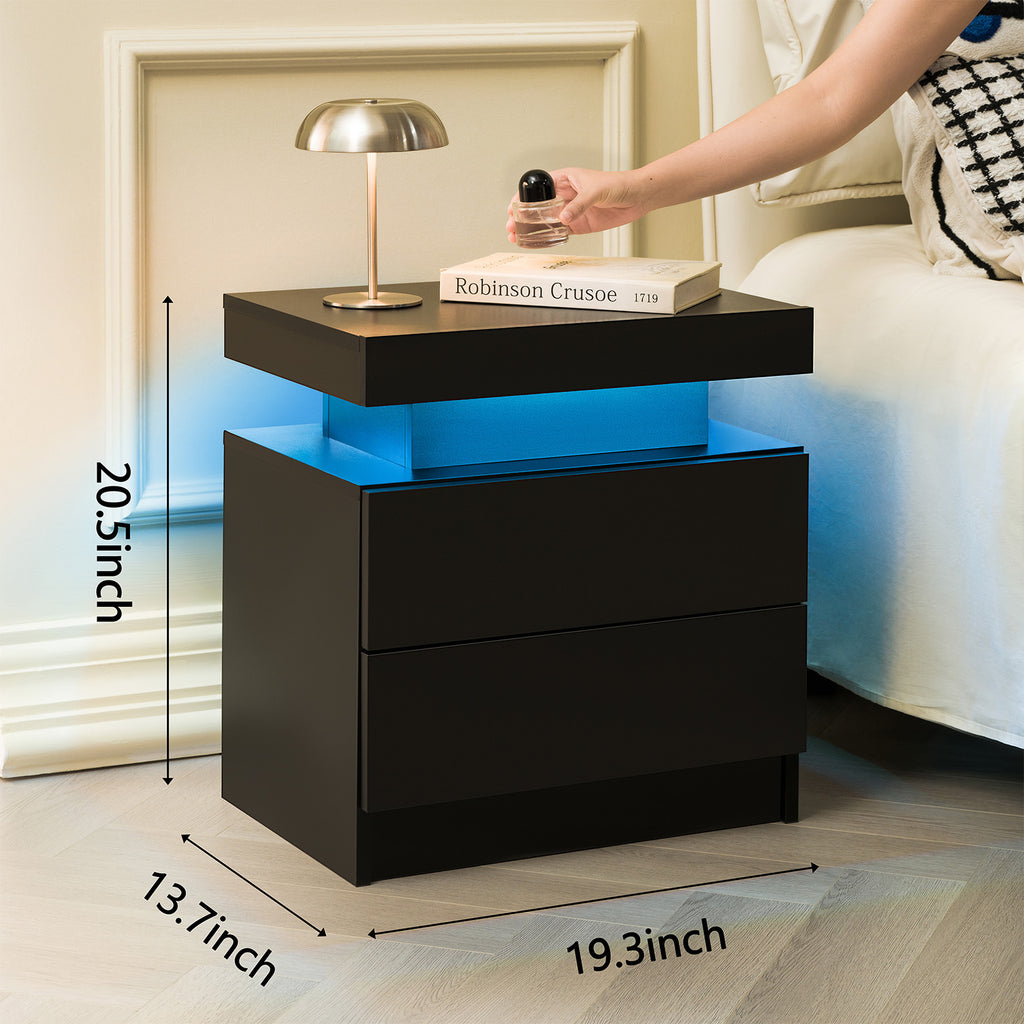 LED Nightstands Set of 2, Bedside Table Cabinet Lights Modern End Side with 2 Drawers for Bedroom Black