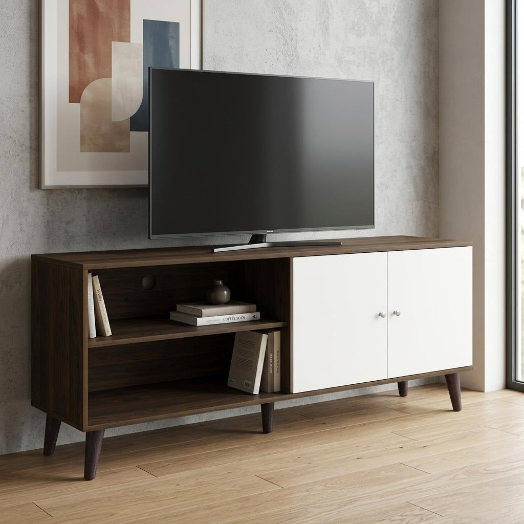 Amidon TV Stand for TVs up to 63", with 2 Storage Shelves& 1 Cabinet, Modern Entertainment Centre for TV in Living Room in Walnut White