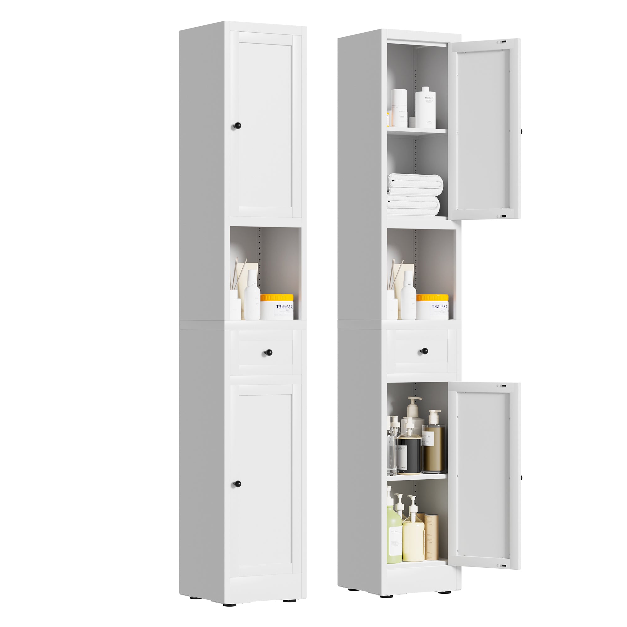 71 Inch Tall Bathroom Storage Cabinet, 5 Tier Narrow Metal Cabinet with 2 Doors & Adjustable Shelves, Freestanding Cabinet for Space Saving in Kitchen, Laundry Room, Pantry, White