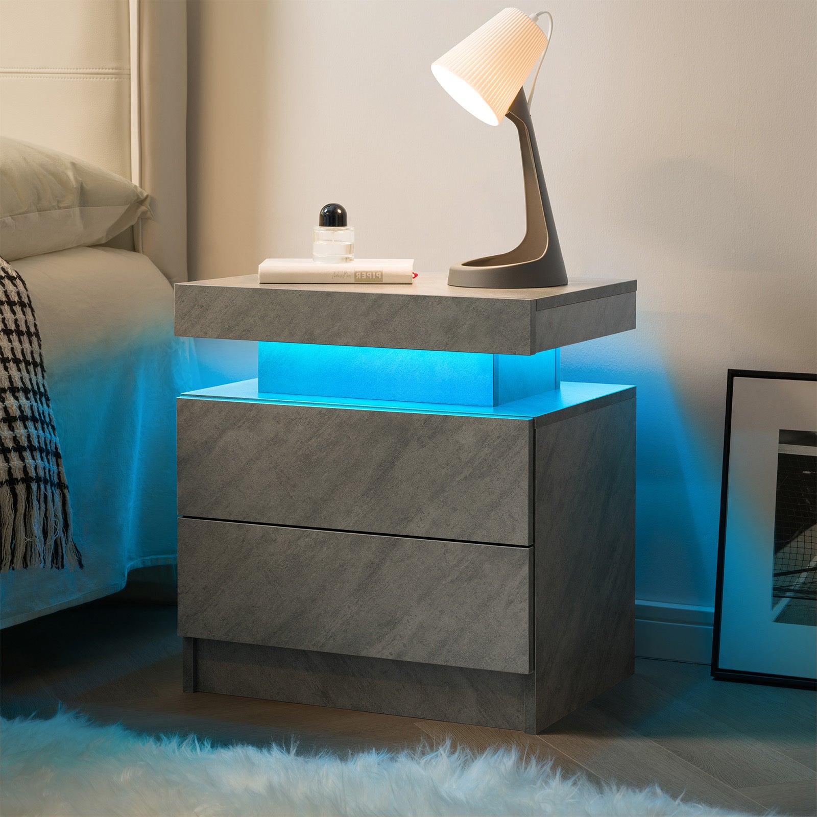 Nightstand LED Bedside Table Cabinet Lights Modern End Side with 2 Drawers for Bedroom Deep Gray