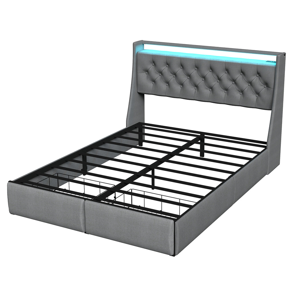 Full Size Bed Frame with Storage Headboard, RGB LED Light & USB Charging Station Grey