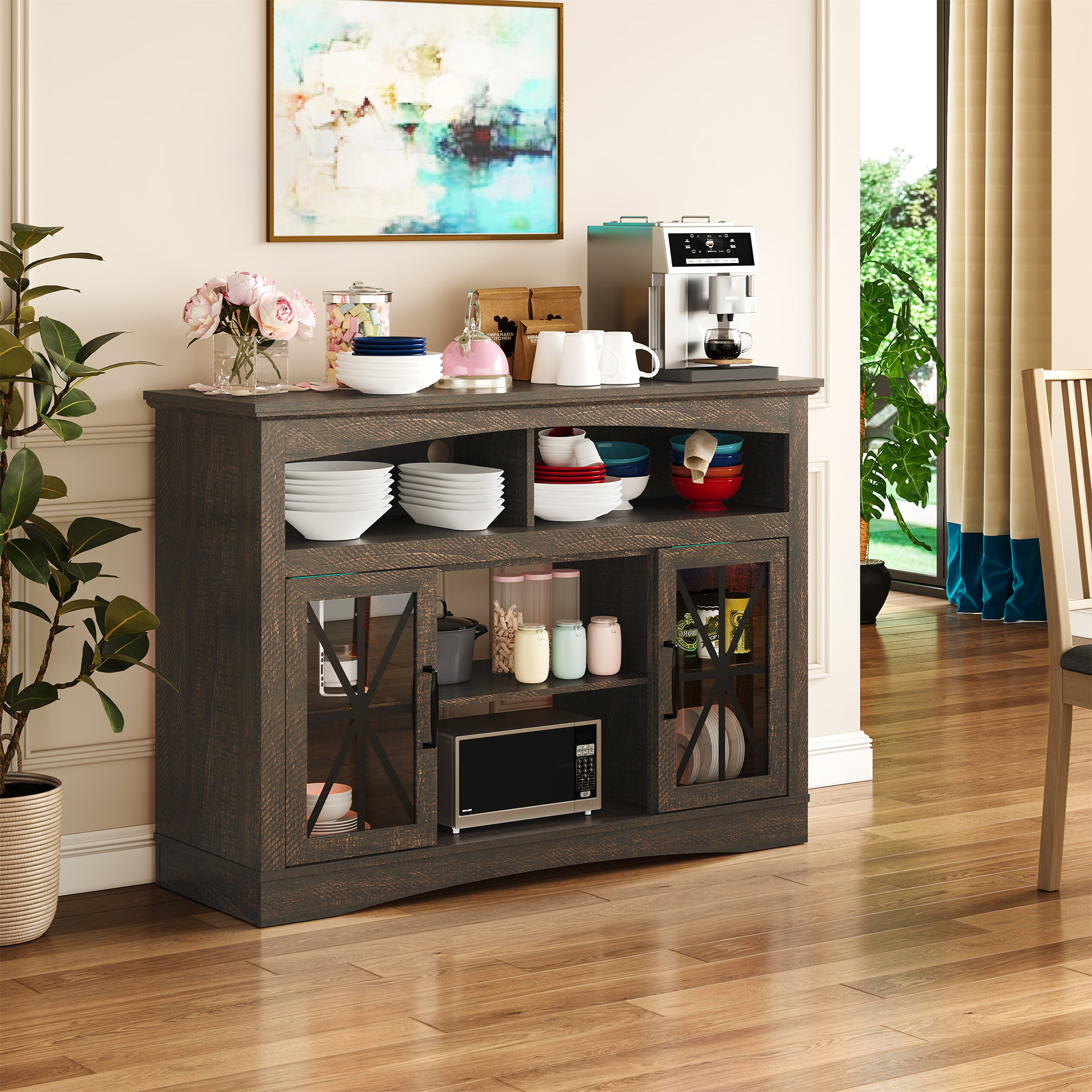 47'' Farmhouse TV Stand with Adjustable Shelves, Retro TV Console with Glass Doors & LED Lights, Media Entertainment Center Storage Cabinet for Living Room, Bedroom, Kitchen, Brown