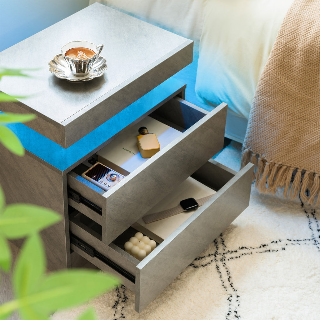 Nightstand LED Bedside Table Cabinet Lights Modern End Side with 2 Drawers for Bedroom Deep Gray