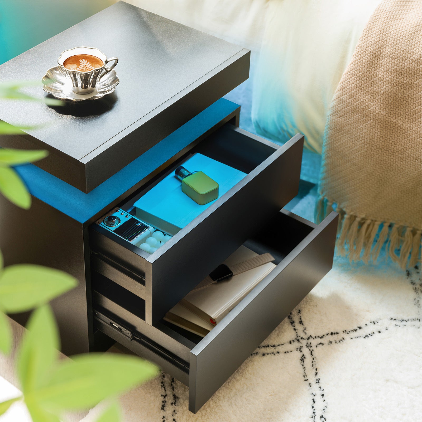LED Nightstands Set of 2, Bedside Table Cabinet Lights Modern End Side with 2 Drawers for Bedroom Black