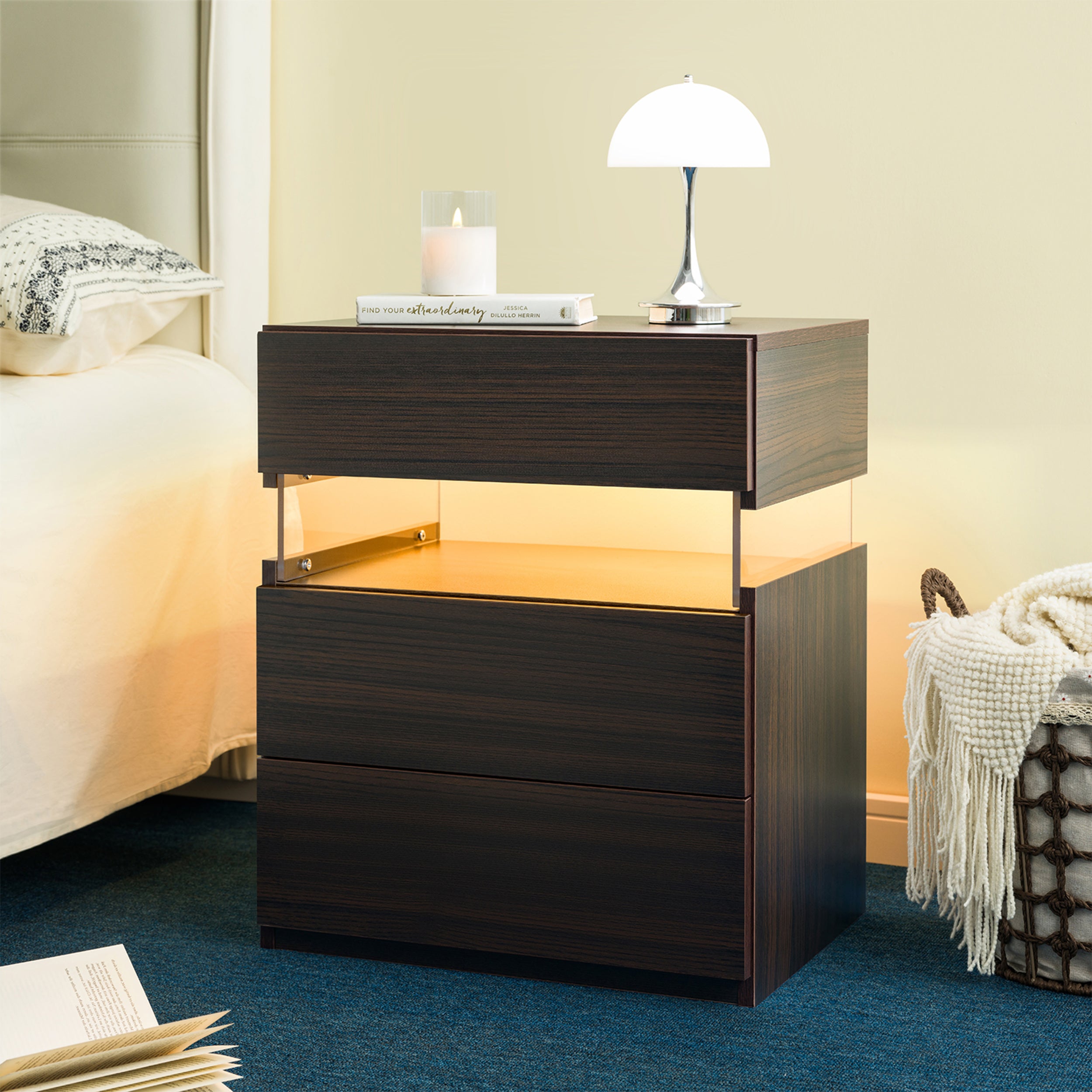 LED Nightstands 3 Drawer Dresser for Bedroom End Table with Acrylic Board LED Bedside Tables Walnut