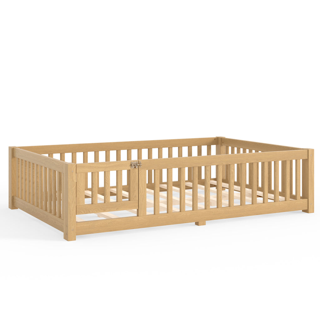 Full Size Bed Floor Bed with Safety Guardrails and Door for Kids, Natural