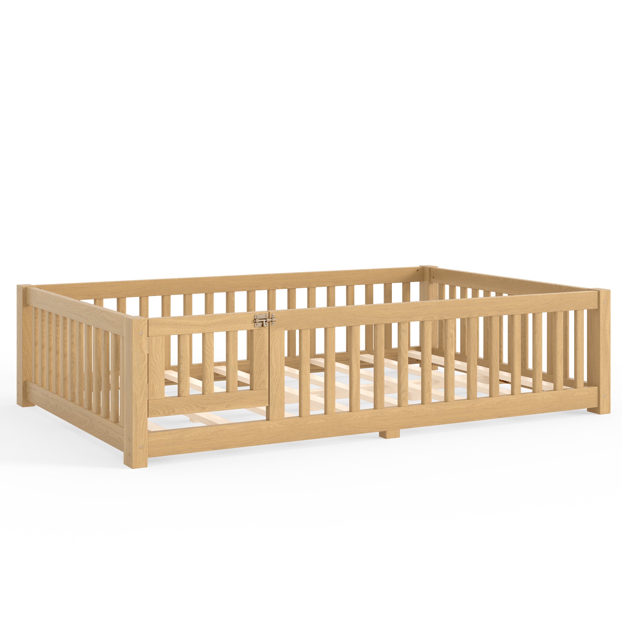 Full Size Bed Floor Bed with Safety Guardrails and Door for Kids, Natural