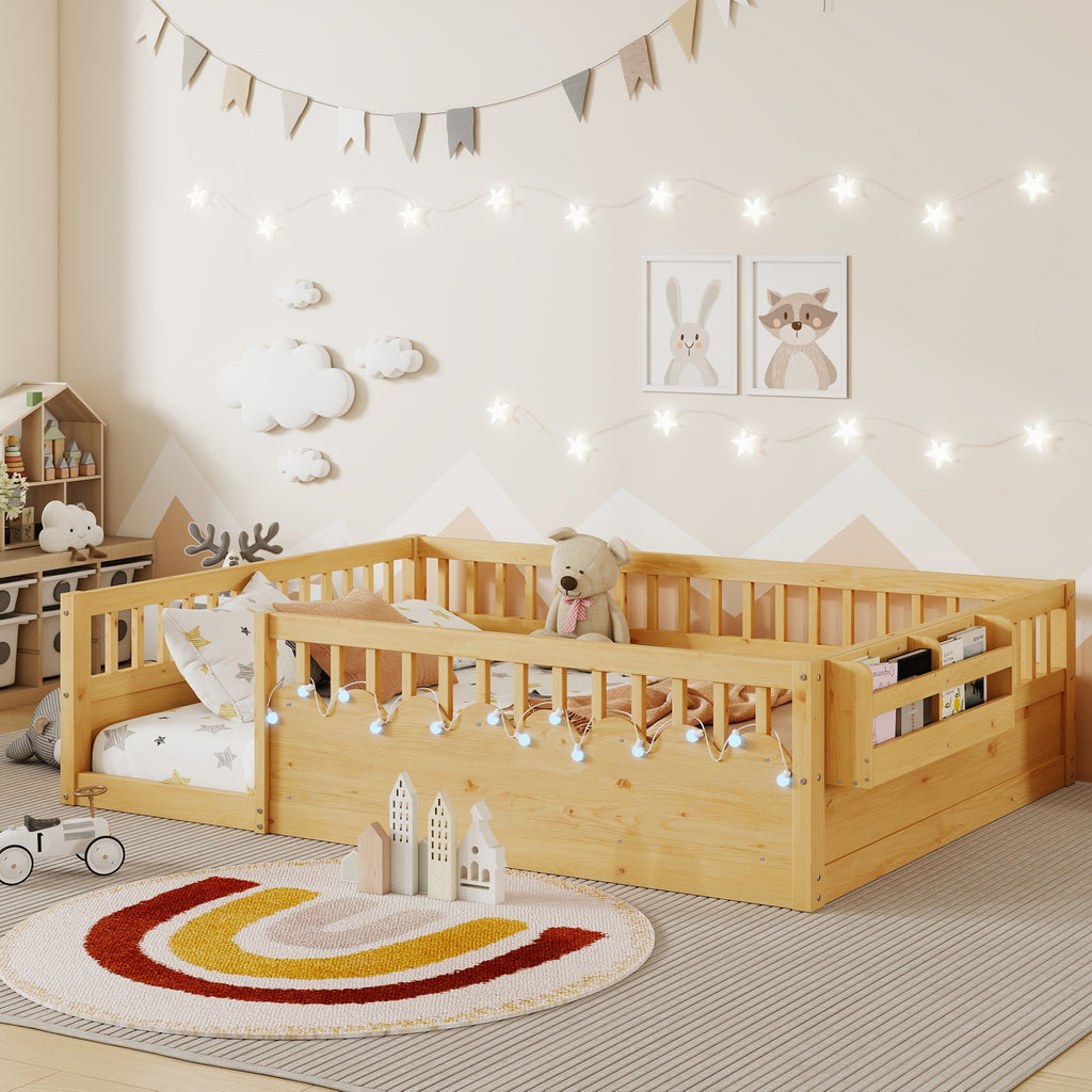 Full Montessori Floor Bed Frame with High Rails, Wood Kids Floor Beds with Light and Storage Shelf, Natural Expect Arrival Date 2025 8 15