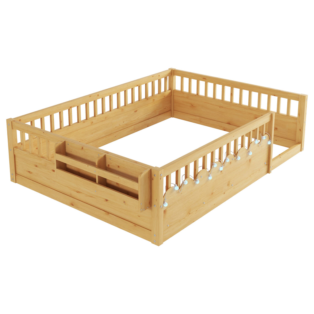 Full Montessori Floor Bed Frame with High Rails, Wood Kids Floor Beds with Light and Storage Shelf, Natural Expect Arrival Date 2025 8 15
