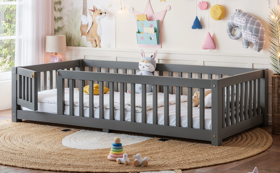 Twin Size Bed Floor Bed with Safety Guardrails and Door for Kids, Gray