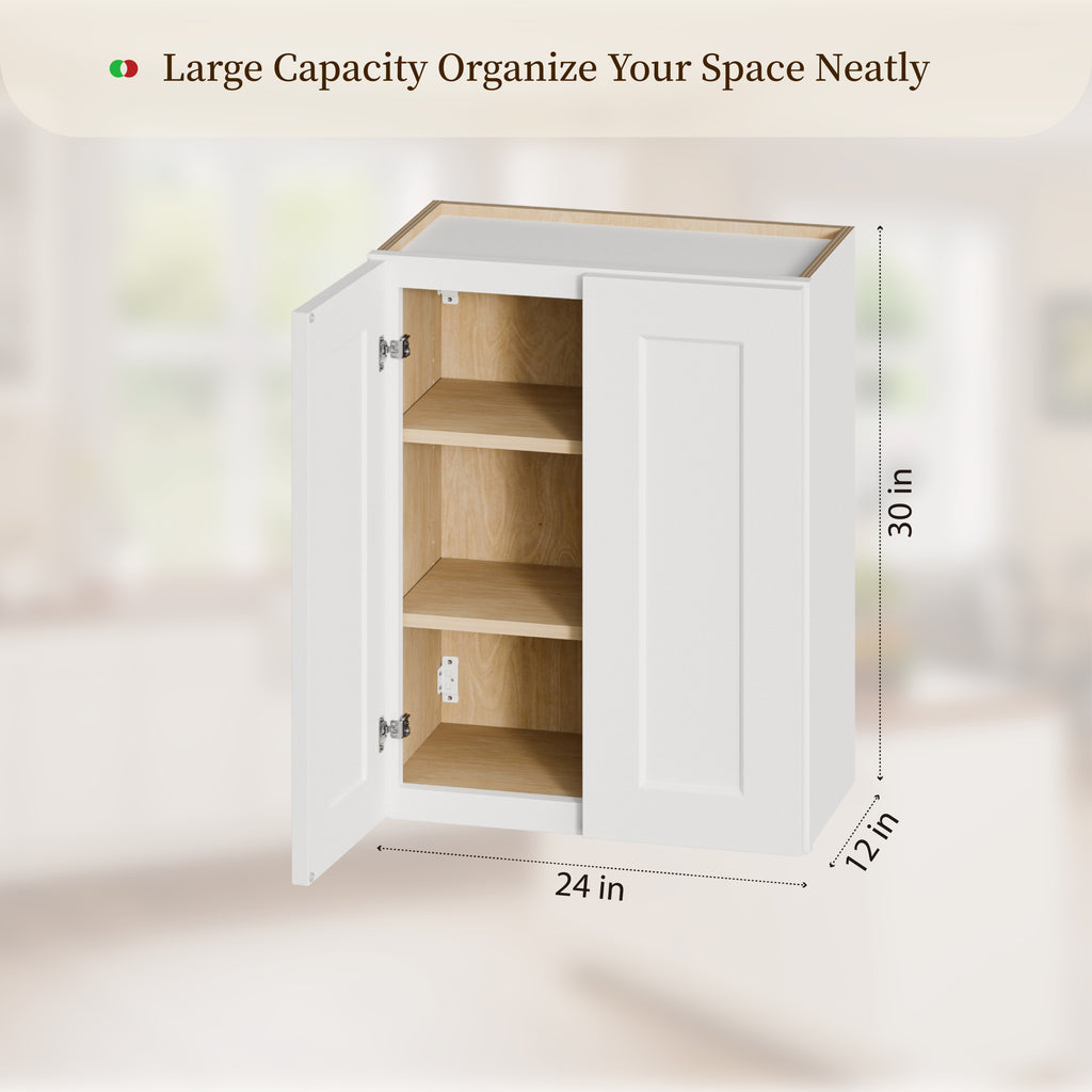 White Shaker Solid Wood Wall Cabinet with Soft Close Doors, Adjustable Shelves 24" Double Door Storage for Kitchen, Bathroom, Laundry, Garage Easy Assembly, 24"W x 12"D x 30"H