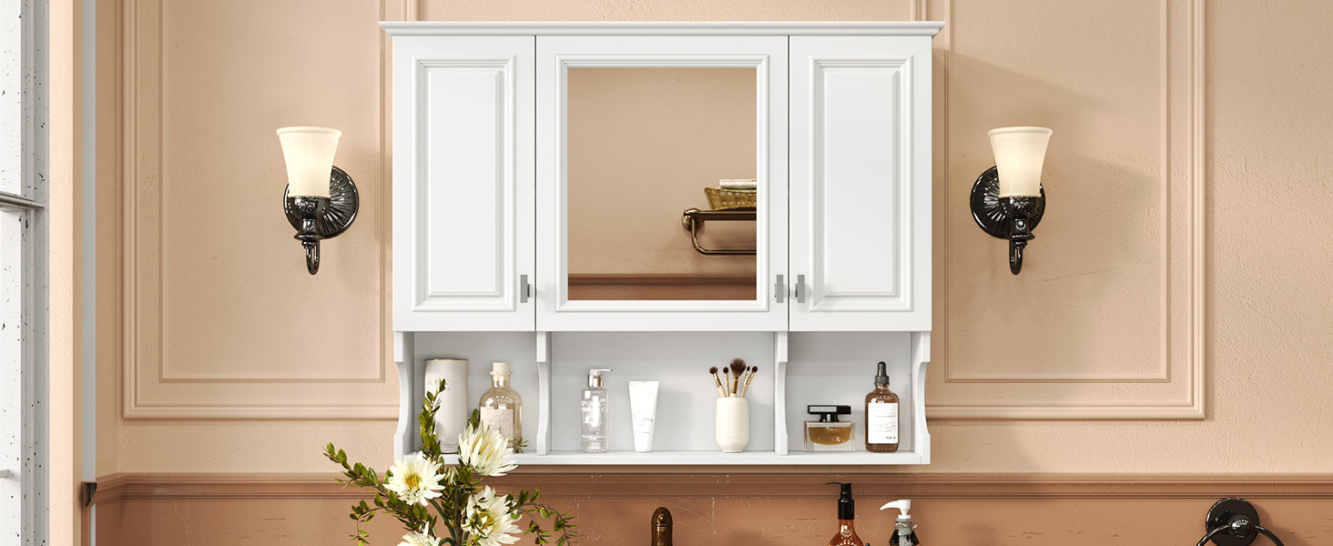 35'' x 28'' Wall Mounted Bathroom Medicine Cabinet, Modern Bathroom Wall Cabinet with Mirror, Mirror Cabinet with Open Shelves