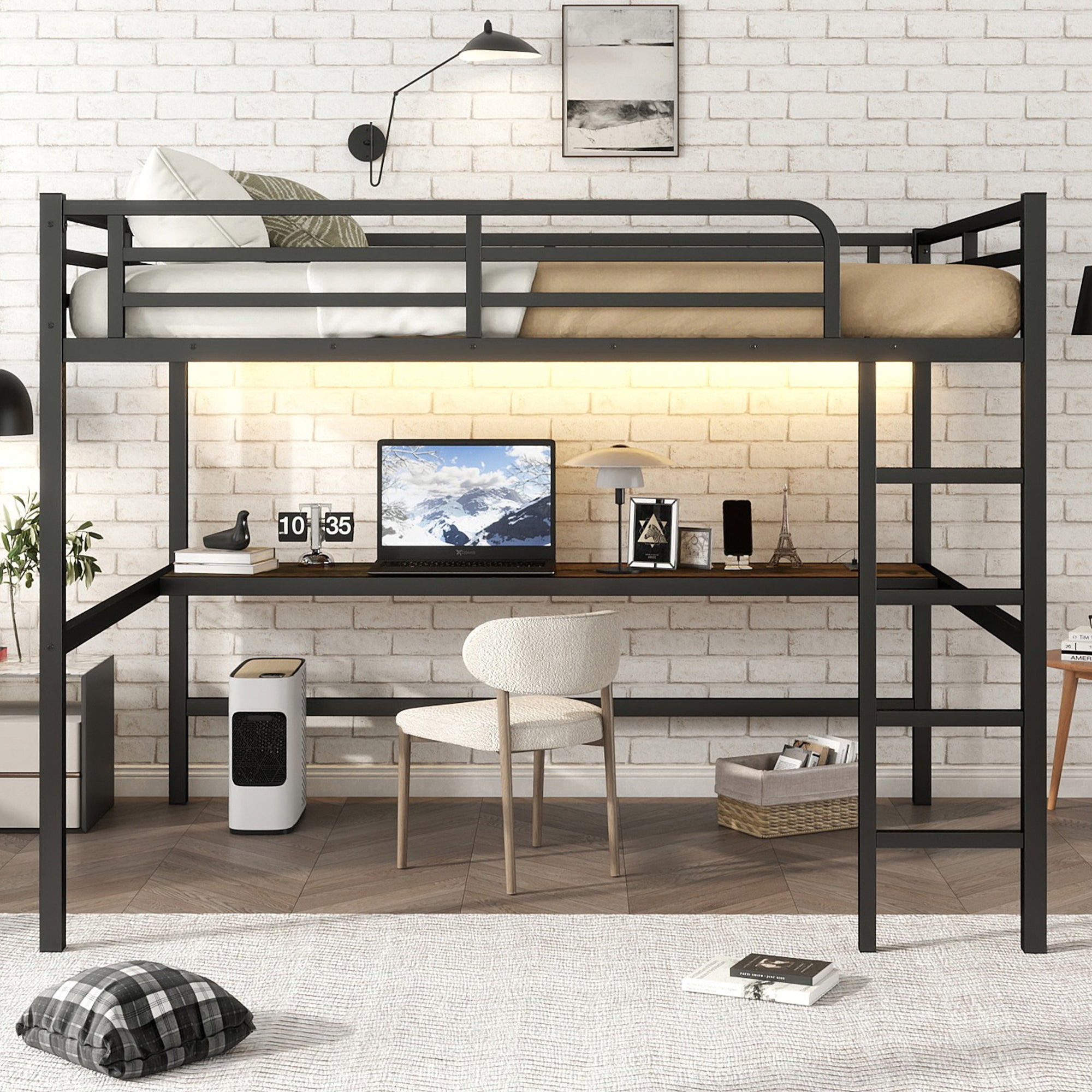 Metal Queen Size Loft Bed with Power Outlet and LED Lighted, Space Saving, Noise Reduced, Black