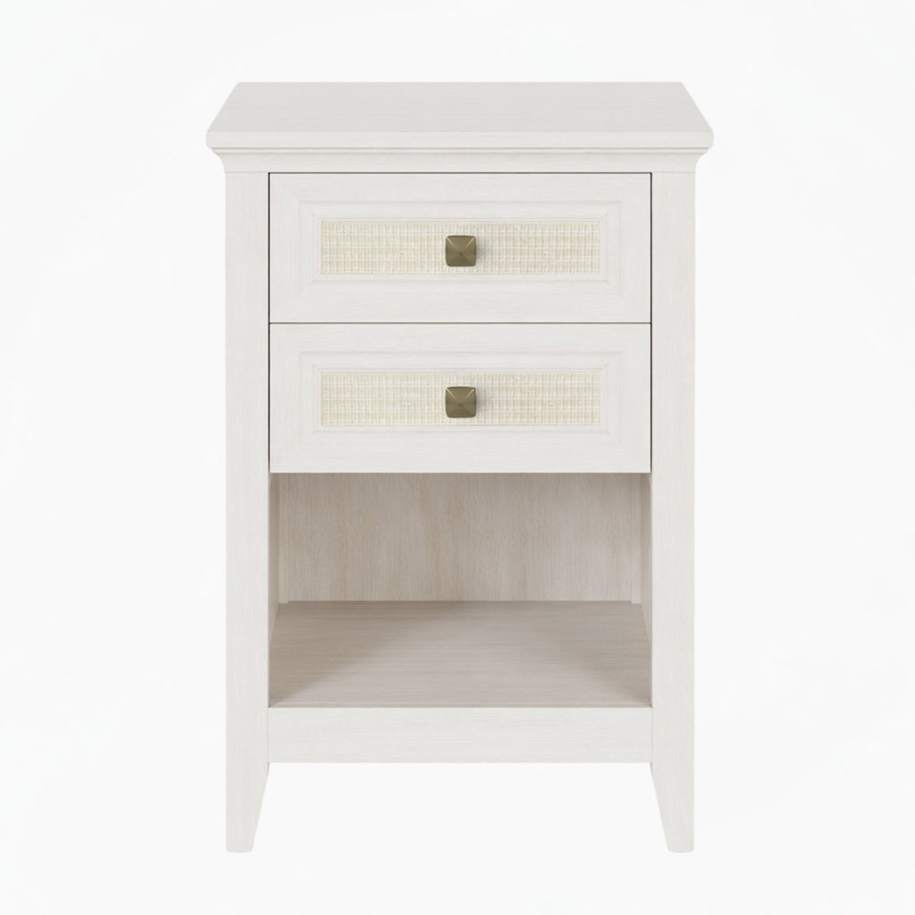 17.7" White Rattan Nightstand Boho Bedside Table w 2 Drawers & Shelf