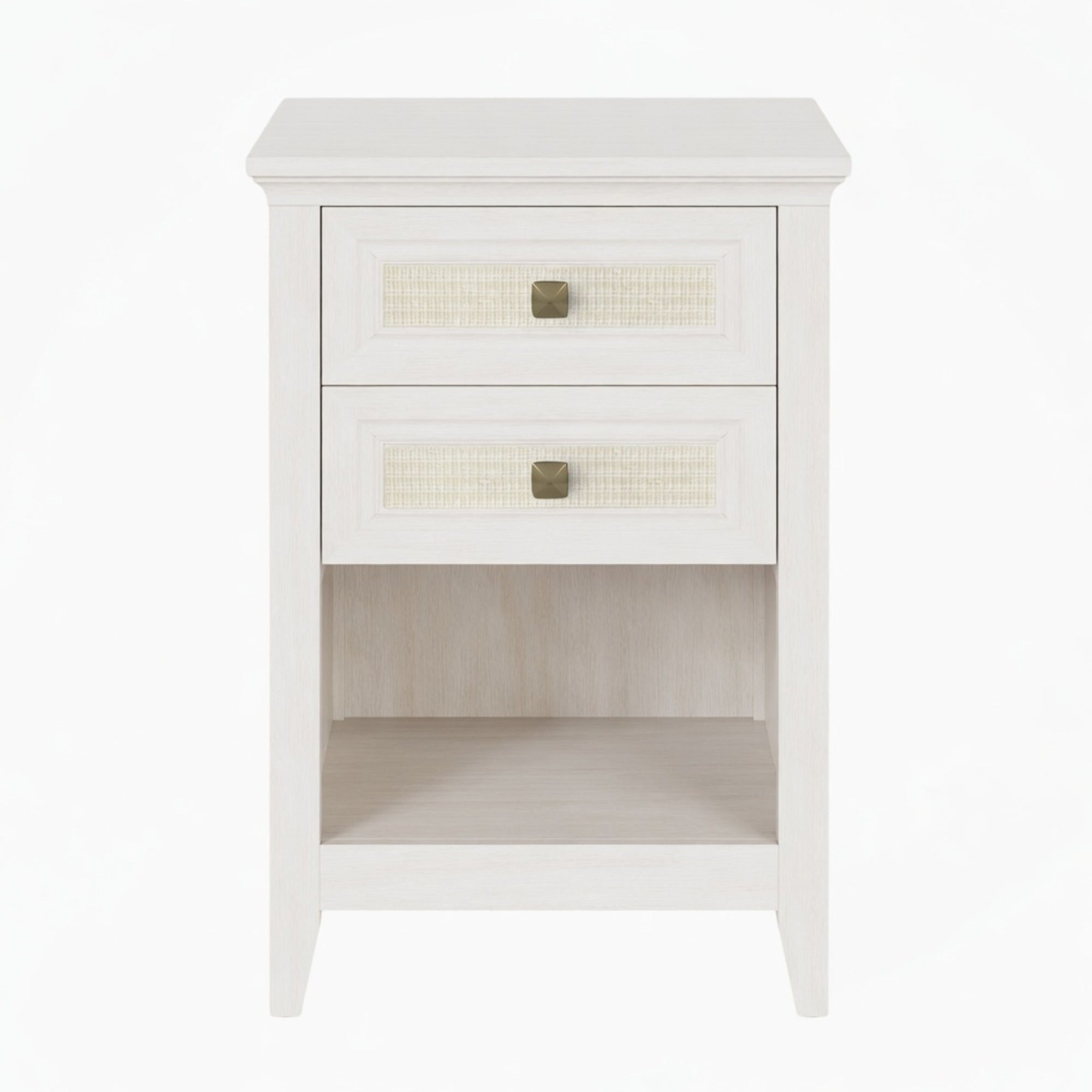 17.7" White Rattan Nightstand Boho Bedside Table w 2 Drawers & Shelf