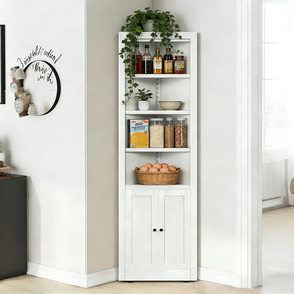 71" Tall Corner Storage Cabinet with 2 Doors, 5 Tier Metal Cabinet with Adjustable Shelves, Freestanding Kitchen Storage for Pantry, Living Room, Bathroom, Laundry Room, Space Saving Furniture, White