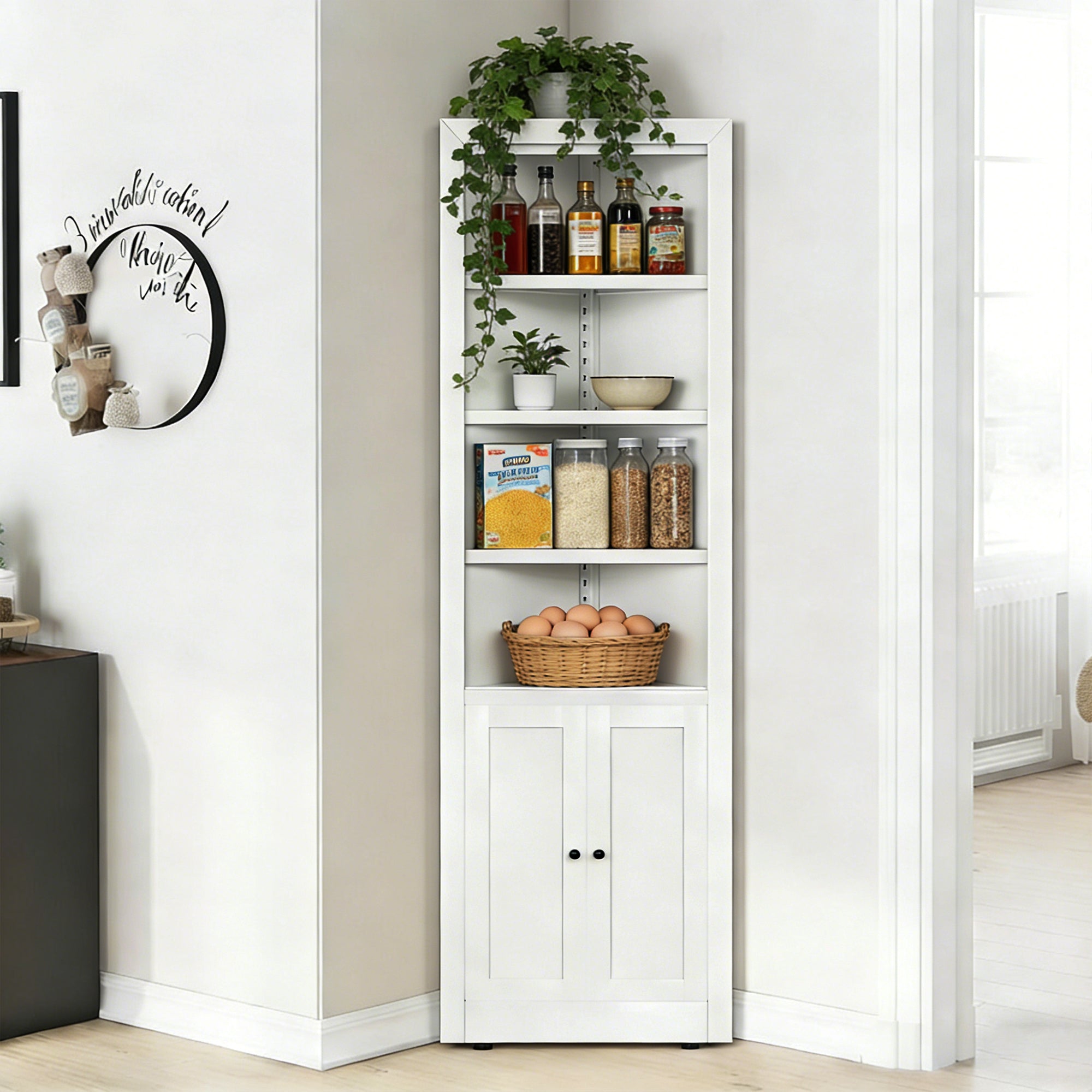 71" Tall Corner Storage Cabinet with 2 Doors, 5 Tier Metal Cabinet with Adjustable Shelves, Freestanding Kitchen Storage for Pantry, Living Room, Bathroom, Laundry Room, Space Saving Furniture, White