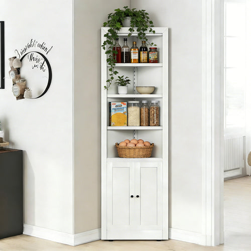71" Tall Corner Storage Cabinet with 2 Doors, 5 Tier Metal Cabinet with Adjustable Shelves, Freestanding Kitchen Storage for Pantry, Living Room, Bathroom, Laundry Room, Space Saving Furniture, White