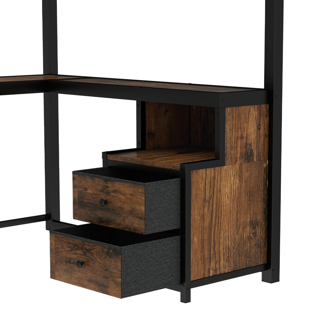 Queen Loft Bed with Desk and Storage Non woven Fabric Drawers, Metal Loft Bed Frame with Ladders, Nosie free and No Spring Box Needed, Black