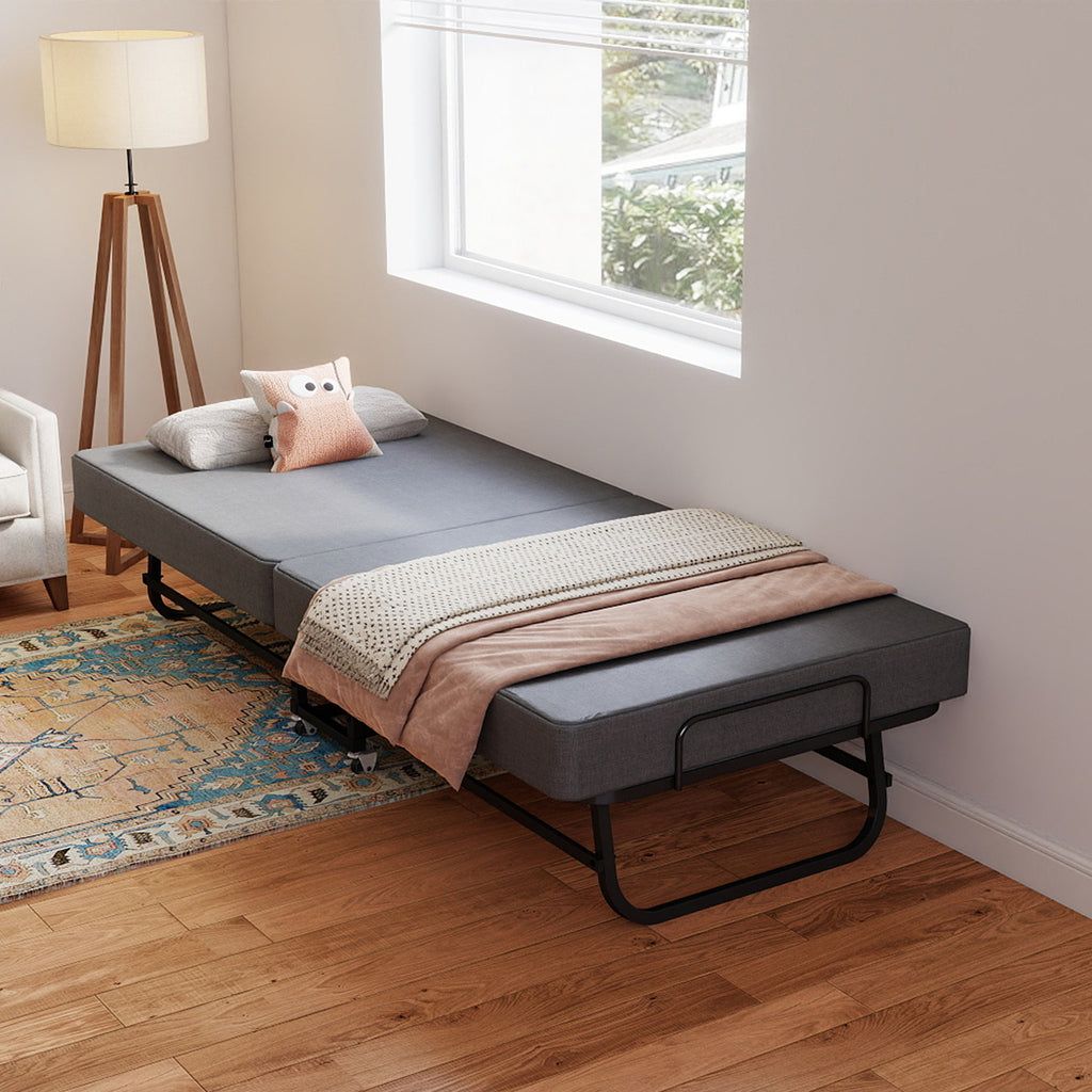 Portable Folding Bed with Memory Foam Mattress, Lockable Wheels, Breathable Linen Fabric for Adults