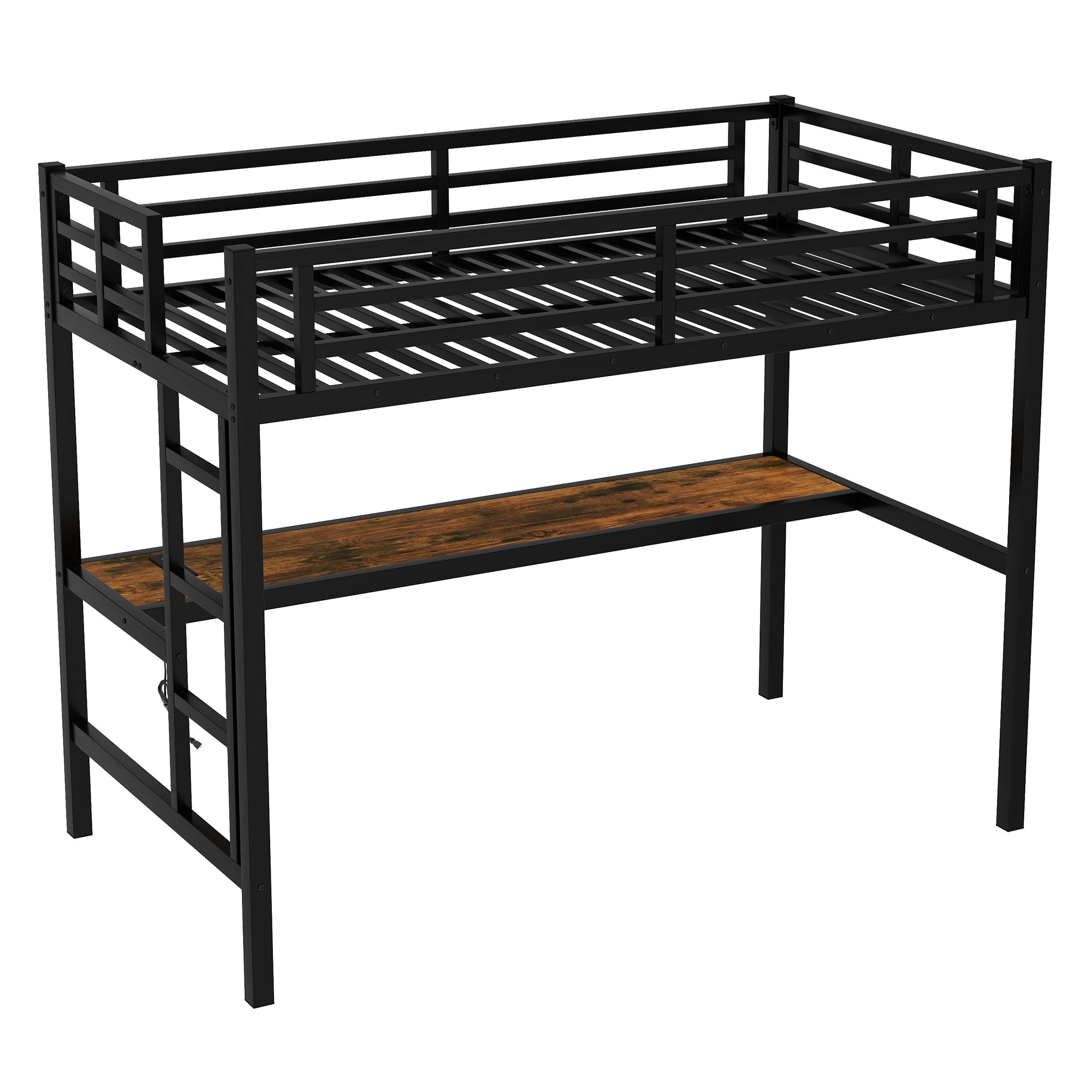 Metal Twin XL Size Loft Bed with Power Outlet and LED Lighted, Space Saving, Noise Reduced, Black