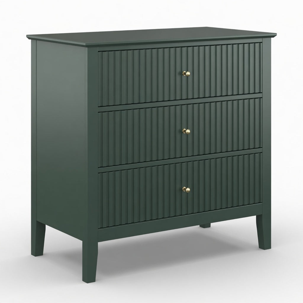 32" Wide Green Fluted 3 Drawer Nightstand, Large Modern Bedroom End Table