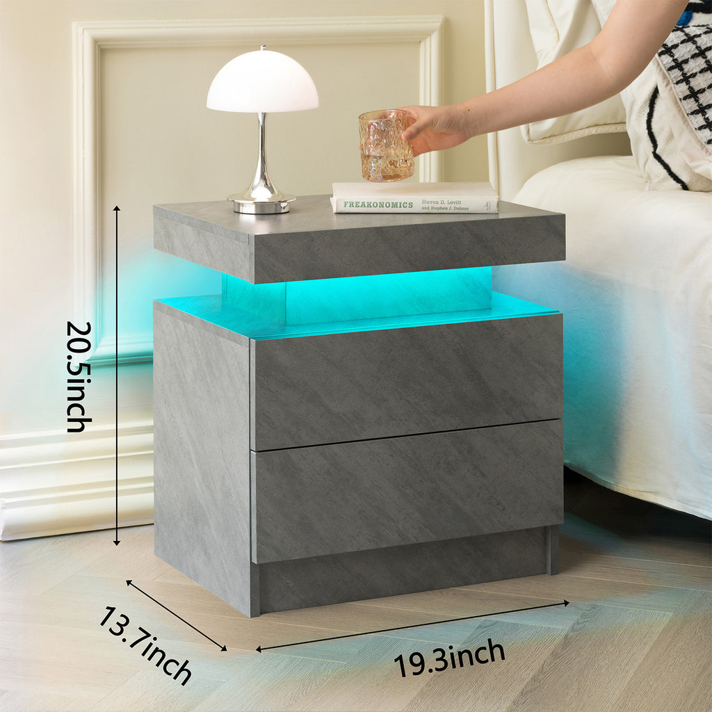 Nightstand LED Bedside Table Cabinet Lights Modern End Side with 2 Drawers for Bedroom Deep Gray