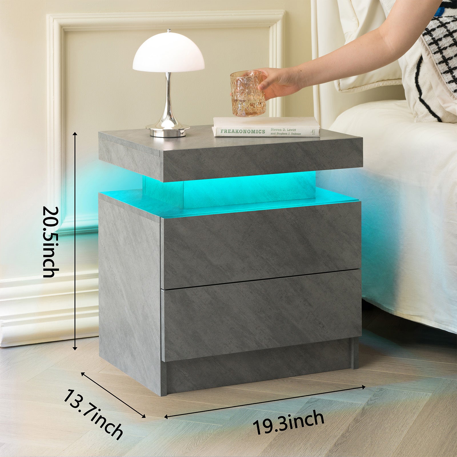 Nightstand LED Bedside Table Cabinet Lights Modern End Side with 2 Drawers for Bedroom Deep Gray