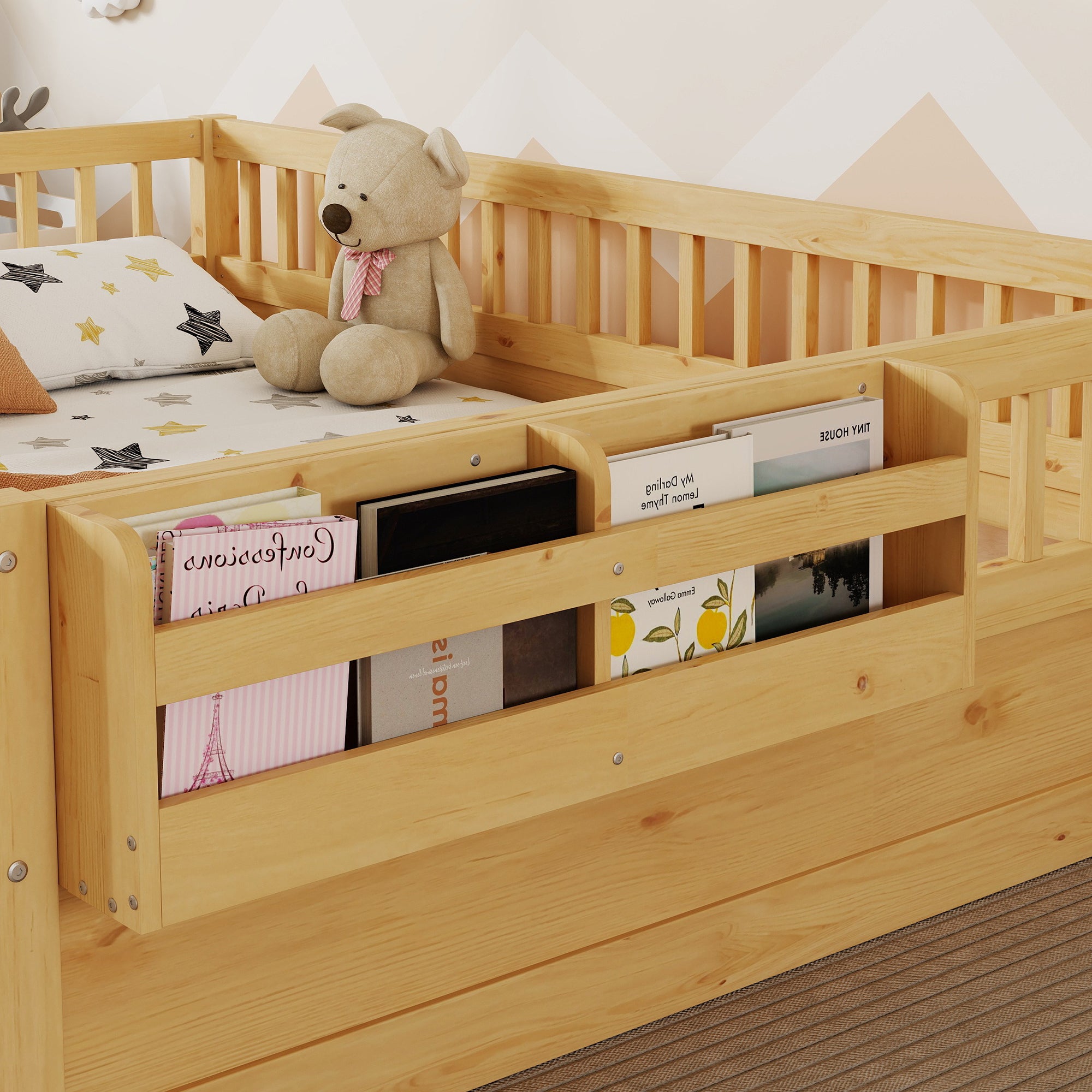Full Montessori Floor Bed Frame with High Rails, Wood Kids Floor Beds with Light and Storage Shelf, Natural Expect Arrival Date 2025 8 15