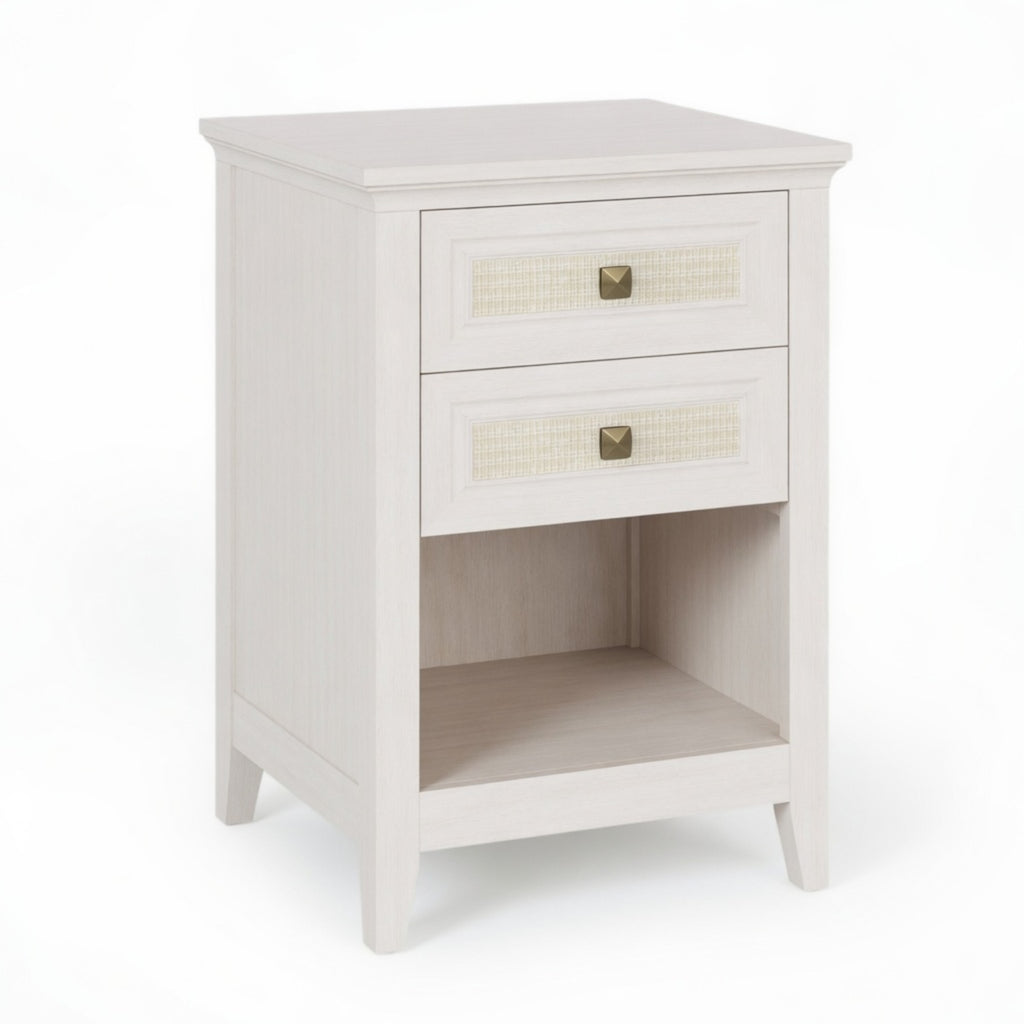 17.7" White Rattan Nightstand Boho Bedside Table w 2 Drawers & Shelf
