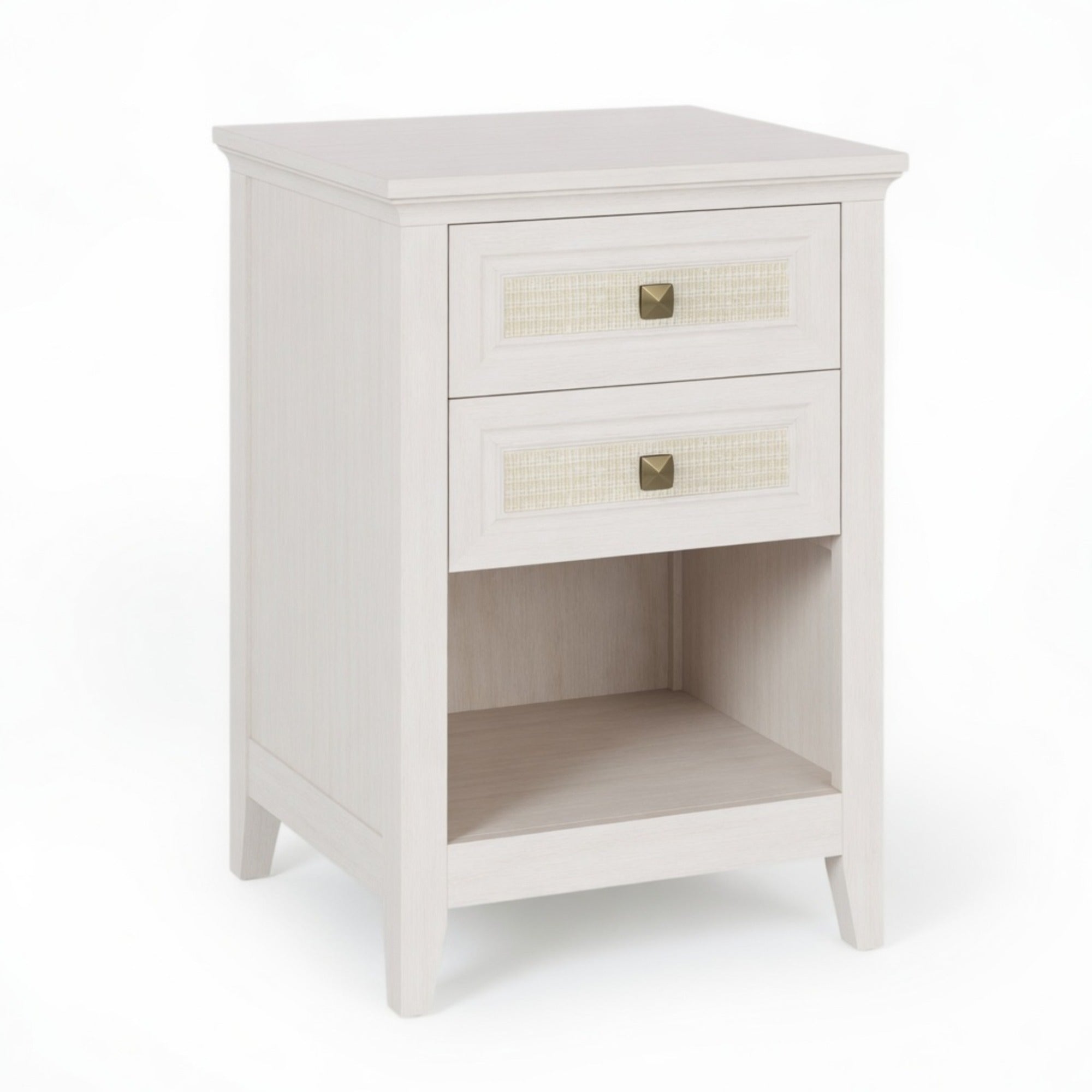 17.7" White Rattan Nightstand Boho Bedside Table w 2 Drawers & Shelf