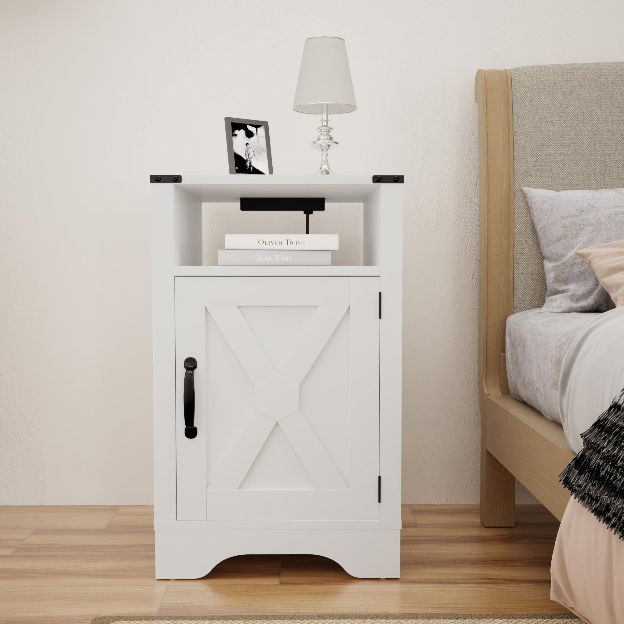 Farmhouse Nightstand with Charging Station Wooden Rustic End Table for Bedroom, Living Room, 16" D x 16" W x 25" H Set of 1 , White