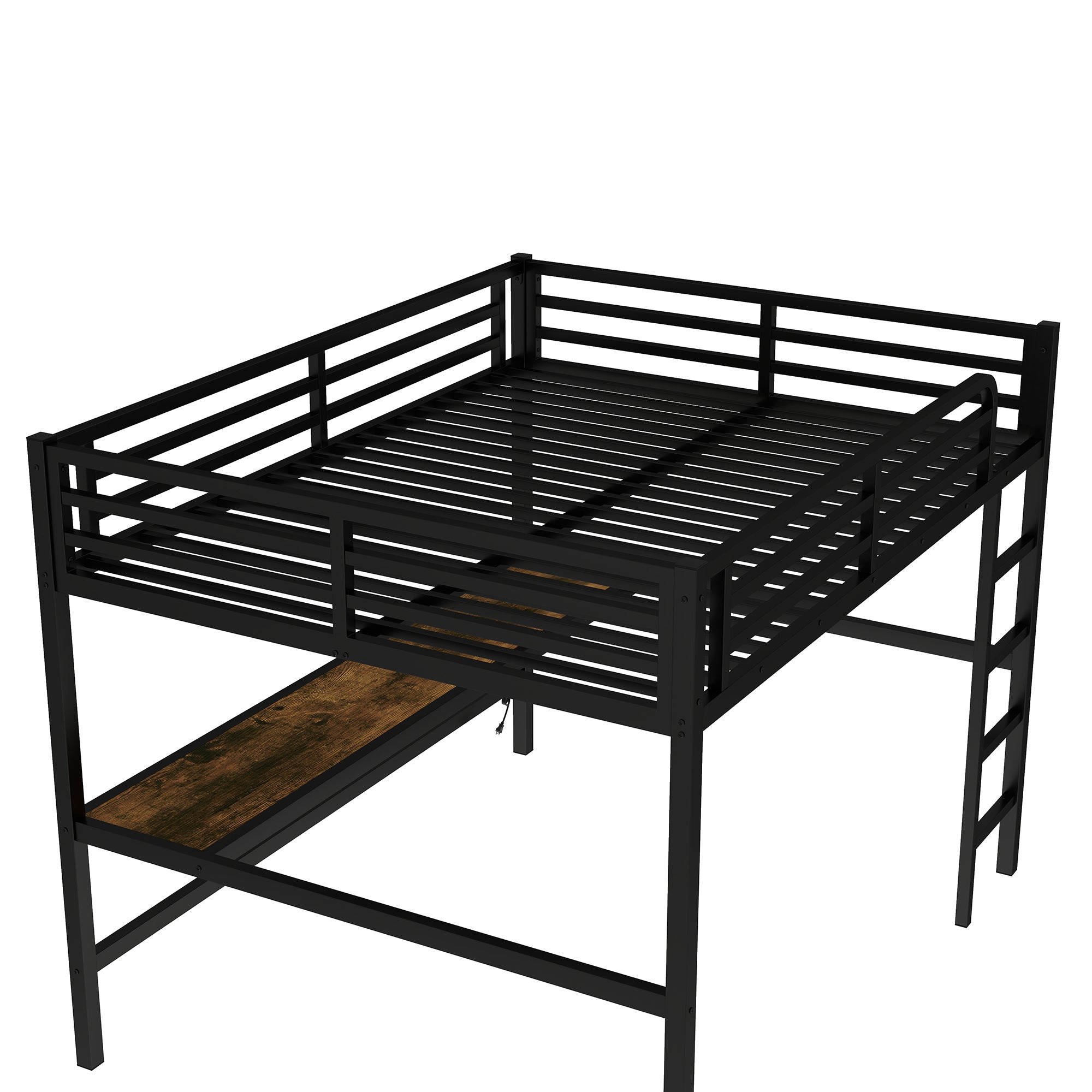 Metal Queen Size Loft Bed with Power Outlet and LED Lighted, Space Saving, Noise Reduced, Black