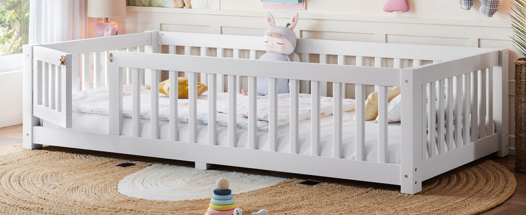 Twin Size Bed Floor Bed with Safety Guardrails and Door for Kids, White