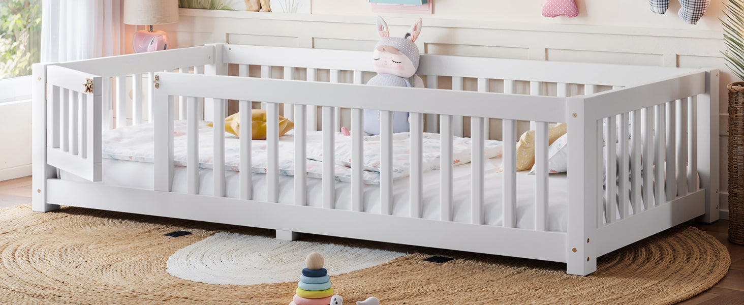 Twin Size Bed Floor Bed with Safety Guardrails and Door for Kids, White