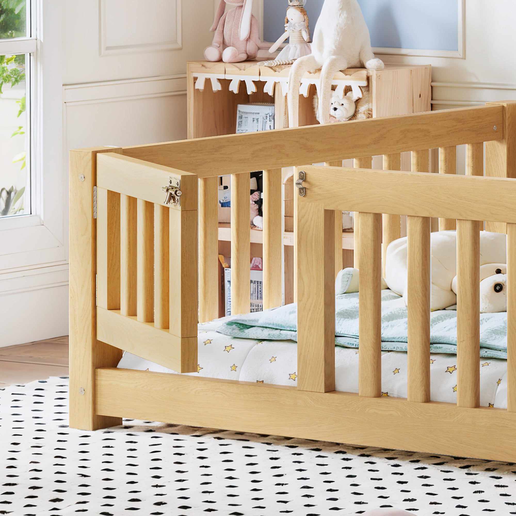 Full Size Bed Floor Bed with Safety Guardrails and Door for Kids, Natural