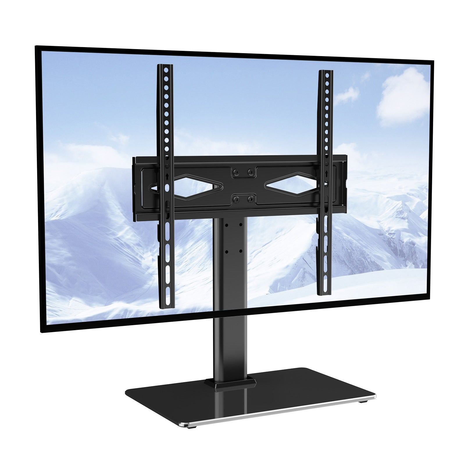 TV Stand Mount, Swivel Universal TV Stand for 32 to 55 inch TVs, Height Adjustable Portable Floor TV Stand with Tempered Glass Base for Bedroom, Living Room