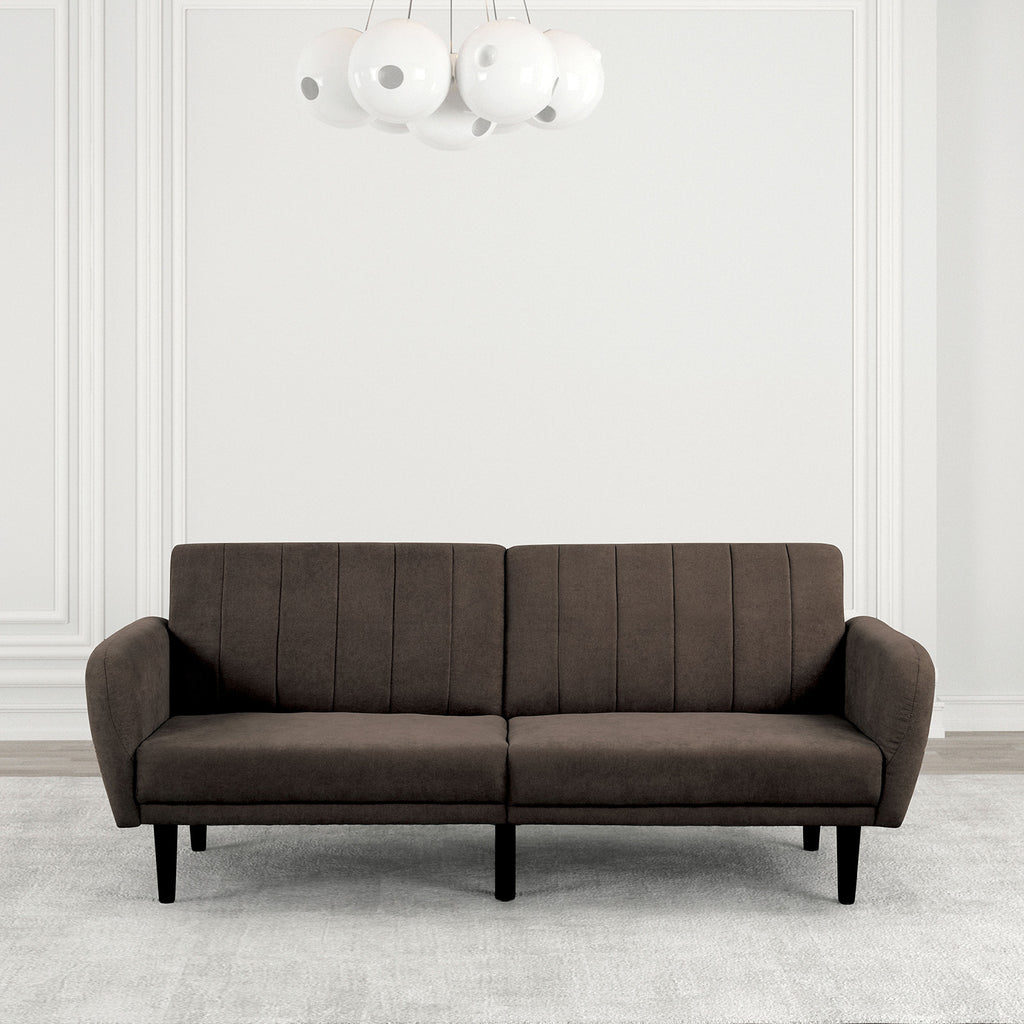 Futon Sofa Brown Color Converts into Bed Tufted Fabric Iron Leg Back Support 1pc Sofa Pocket Coil