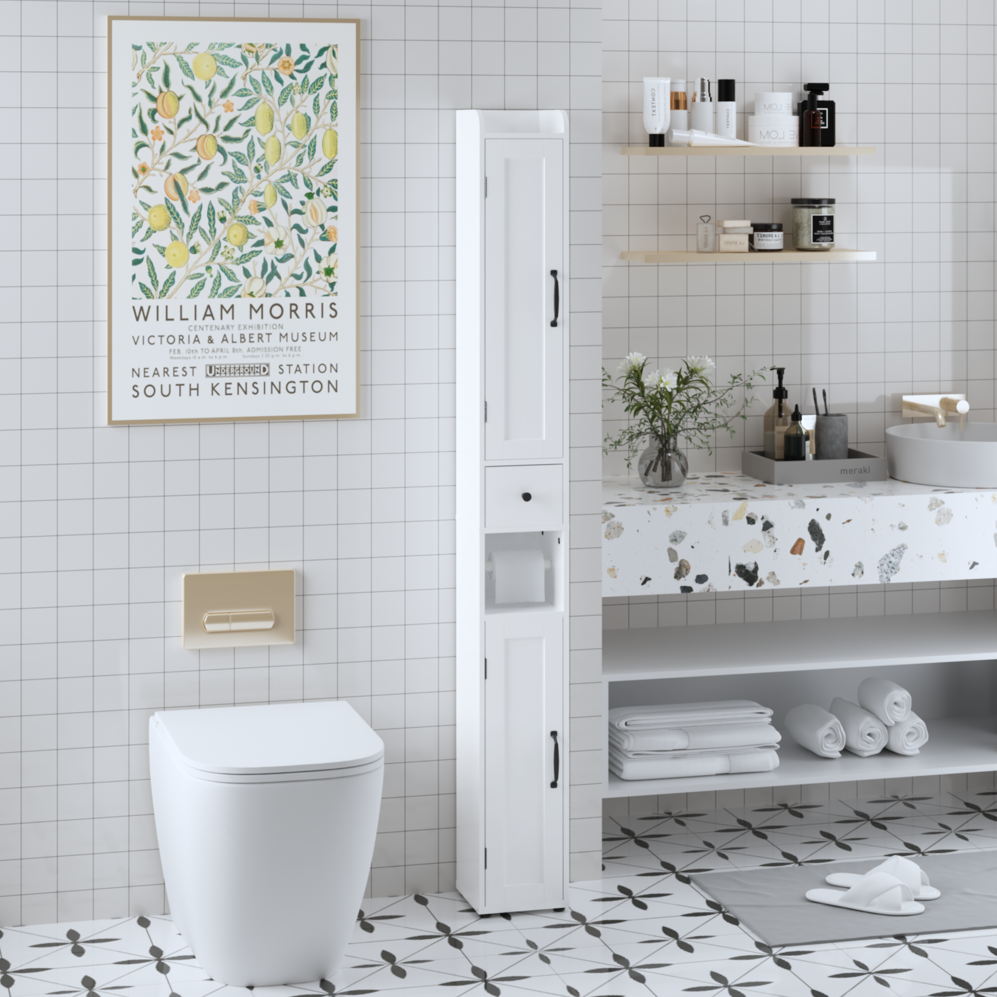 67.51" Tall Bathroom Storage Cabinet with Adjustable Shelves,Slim 2 Doors Freestanding Cabinet with Anti Tip, Open compartments, for Home, Small Spaces, Bathroom,Kitchen, Living Room, White