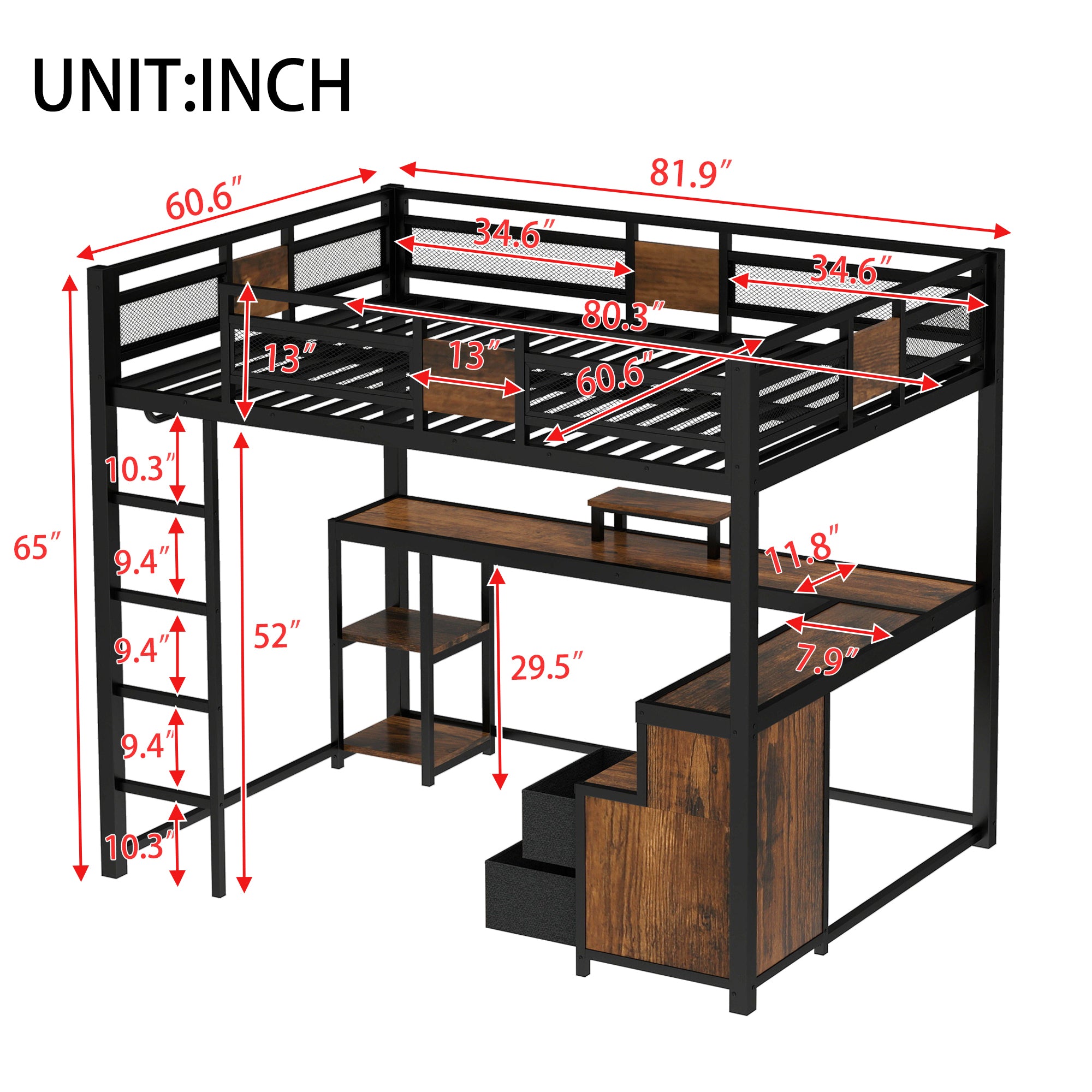 Queen Loft Bed with Desk and Storage Non woven Fabric Drawers, Metal Loft Bed Frame with Ladders, Nosie free and No Spring Box Needed, Black