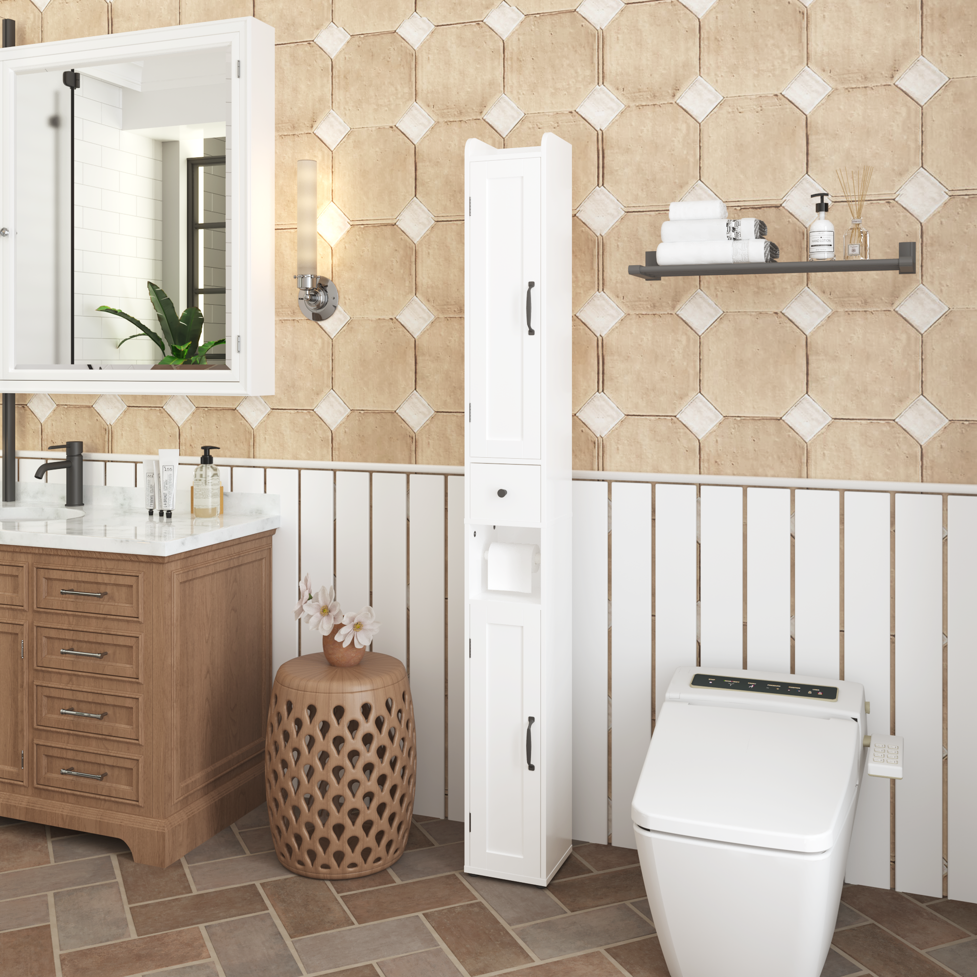 67.51" Tall Bathroom Storage Cabinet with Adjustable Shelves,Slim 2 Doors Freestanding Cabinet with Anti Tip, Open compartments, for Home, Small Spaces, Bathroom,Kitchen, Living Room, White