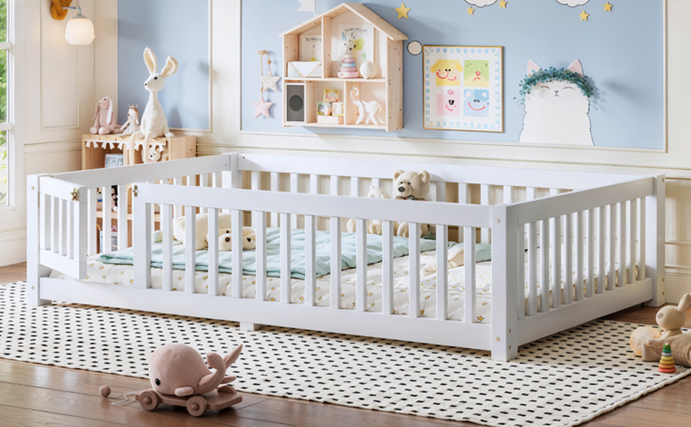 Full Size Bed Floor Bed with Safety Guardrails and Door for Kids, White