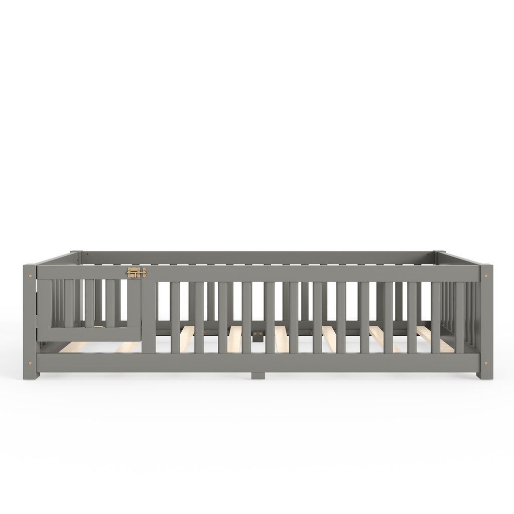 Twin Size Bed Floor Bed with Safety Guardrails and Door for Kids, Gray